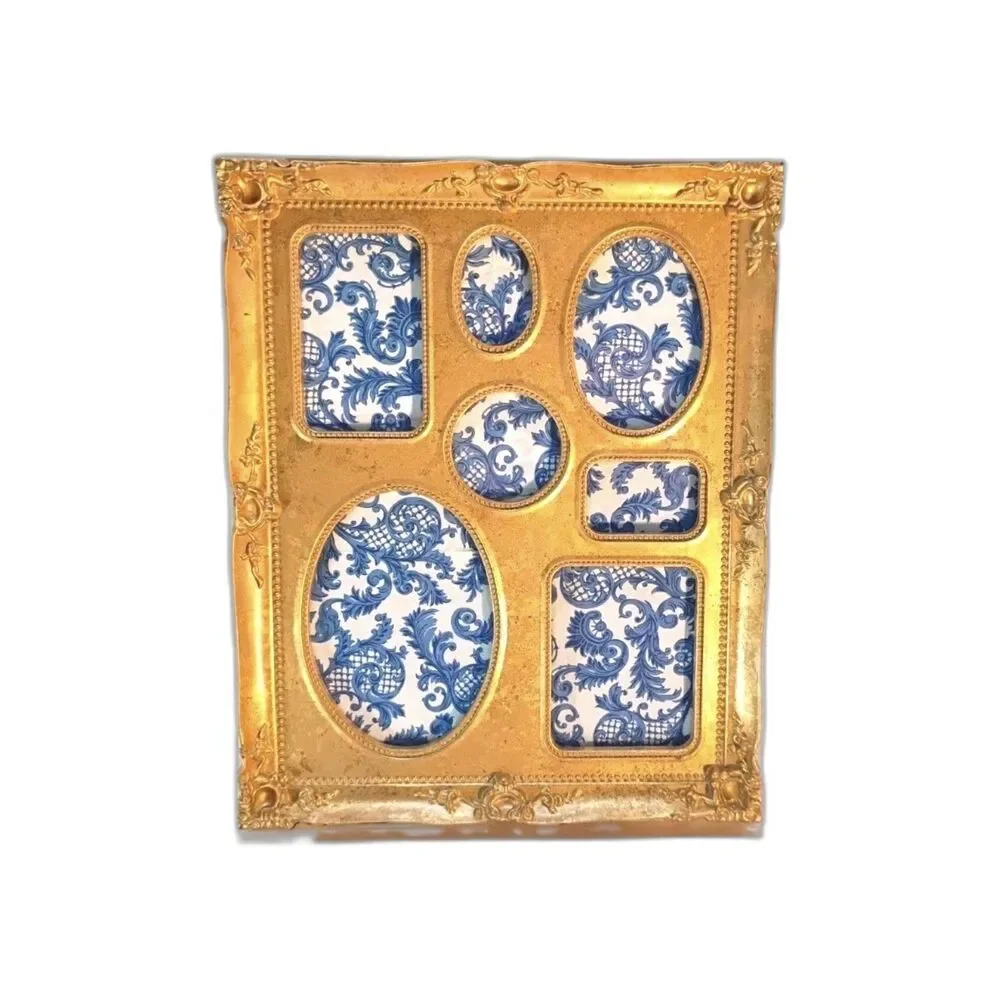 Large Gold Gallery Frame, Wall or Table Mount, 7 photo slots, 15x12